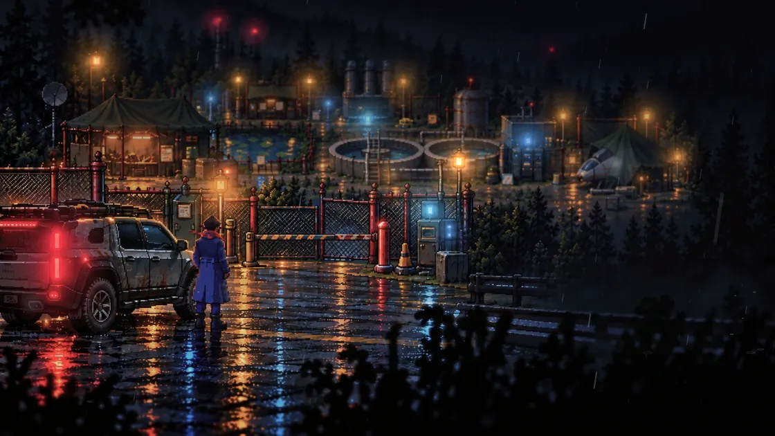 The animated cover of chapter 1. Your character next to the car, at night in the rain, facing the plant’s lit gate.