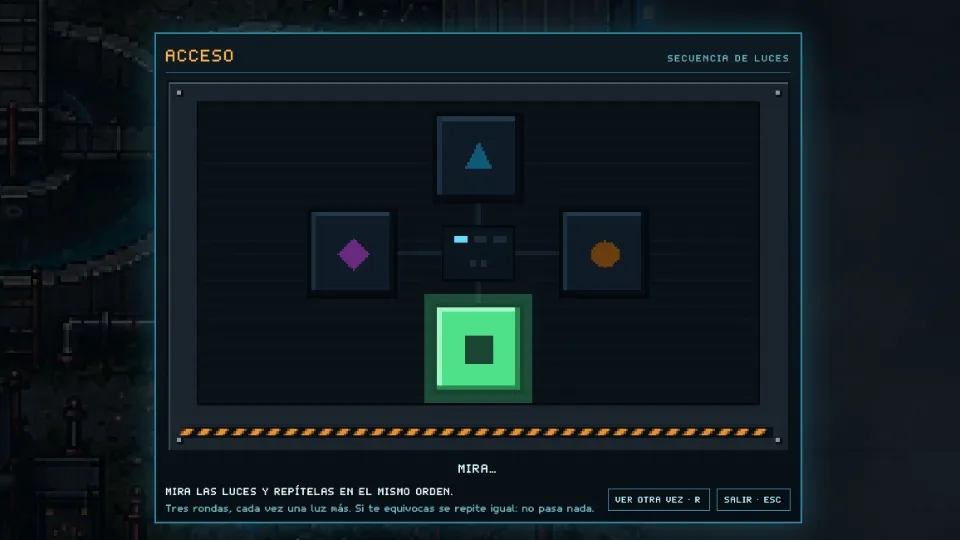 Un puzle de acceso con cuatro símbolos de colores que hay que encender en el orden correcto.