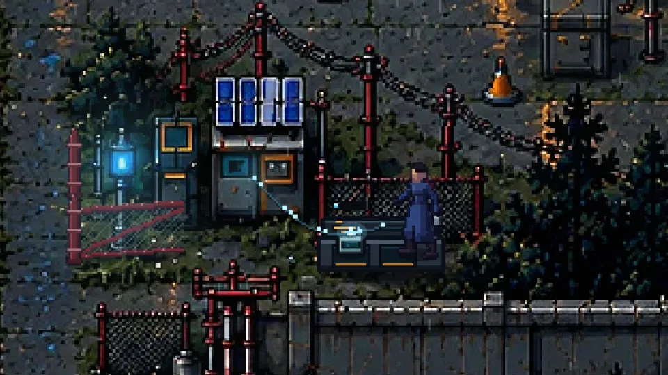 Die Ladestation mit Solarpaneelen, an der ein Lichtstrahl eine Batterie mit dem Gerät verbindet, während deine Figur sie anschließt.