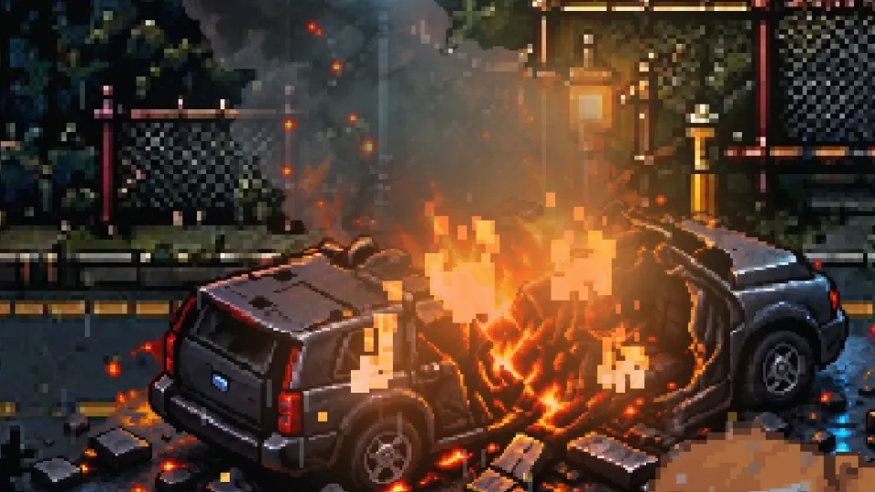 Ein zerstörtes, brennendes Auto auf dem nassen Asphalt, mit verstreuten Trümmern und dem Widerschein des Feuers am Boden.