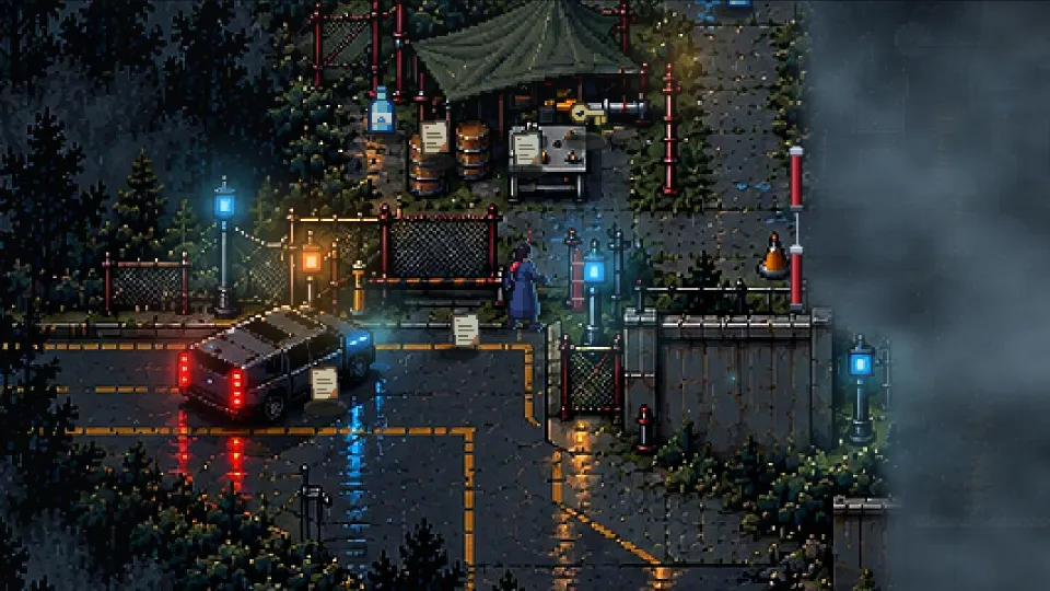 Der Eingang der Anlage bei Nacht, mit dem geparkten Auto, dem Tor und den blauen Laternen, Nebel verdeckt, was du noch nicht erkundet hast.
