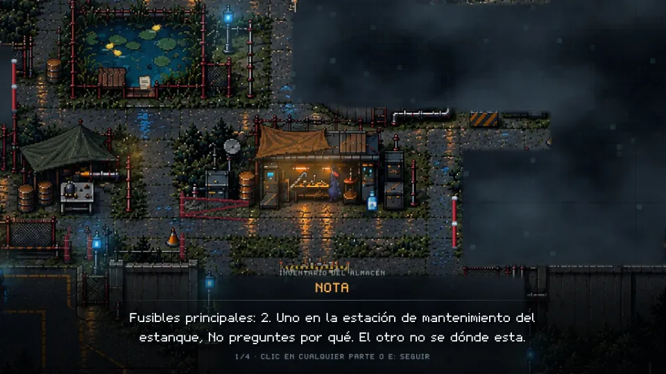 Una nota abierta en pantalla, el inventario del almacén, con tu personaje dentro del almacén iluminado, de noche.