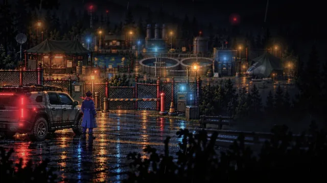 雨の夜、キャラクターがプラントの門の前で車のそばに立っている。奥には貯水タンク、丸い水槽、基地の明かりが見える。