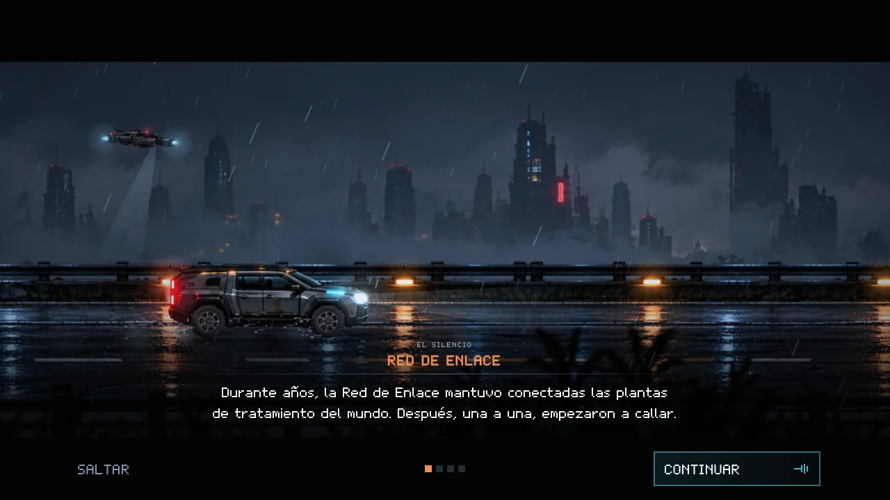 La primera escena de la intro del capítulo 1, tal como la ve el jugador: un coche bajo la lluvia, una ciudad apagada al fondo y el primer texto de la historia.