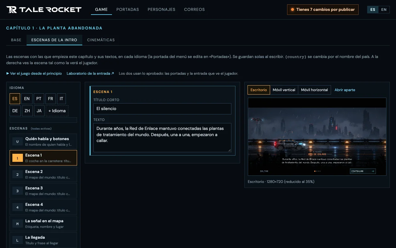 El editor de las escenas de la intro: los botones de idioma, la lista de escenas, el texto de la escena con su original debajo y la vista previa tal como la verá el jugador.