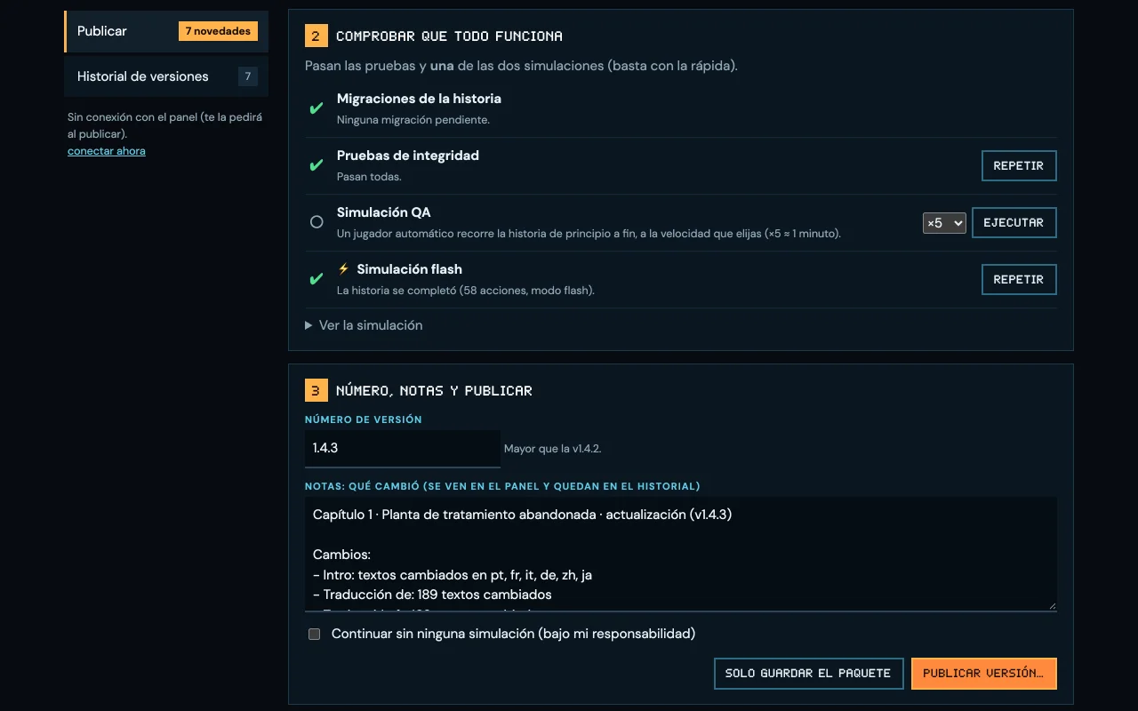 La página Publicar: las comprobaciones en verde (migraciones, pruebas de integridad, simulación flash), el número de versión y las notas del paquete.